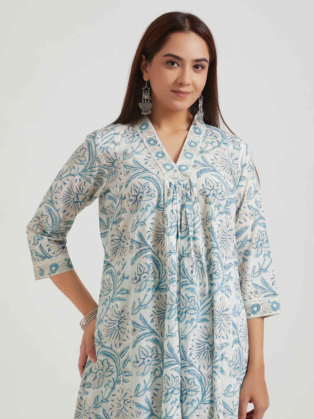Hand Block Printed Cotton Suit Set- Powder Blue ( 3 Piece )
