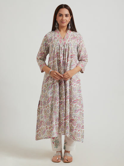 Hand Block Printed Cotton Suit Set- Multicoloured Floral (3 piece )