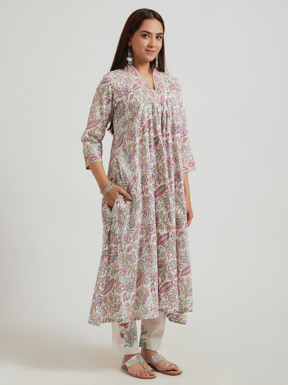 Hand Block Printed Cotton Suit Set- Multicoloured Floral (3 piece )