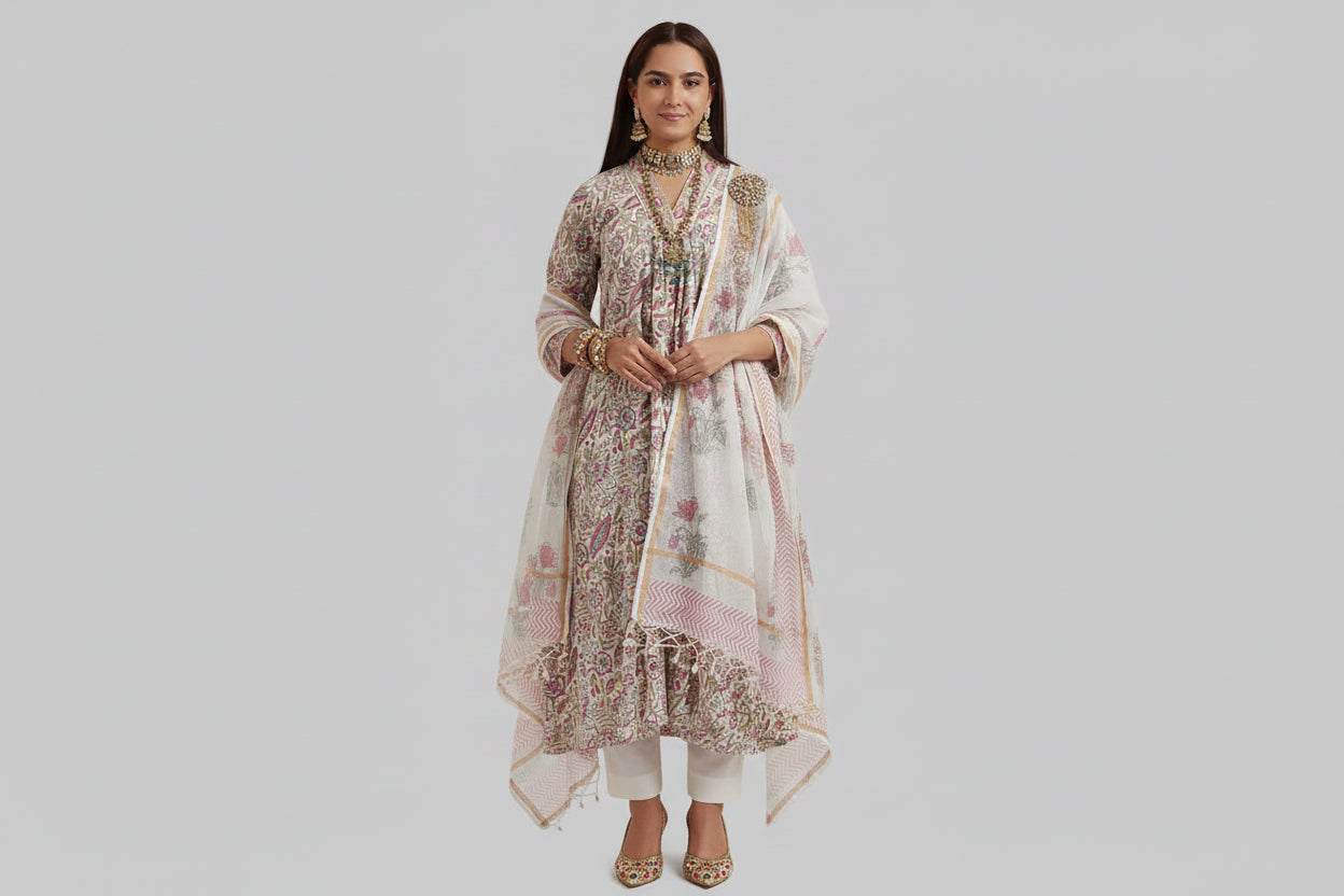 Hand Block Printed Cotton Suit Set- Multicoloured Floral (3 piece )