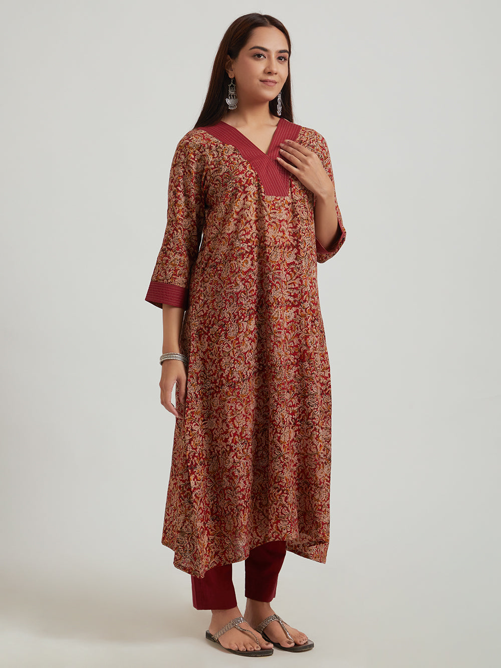 Kalamkari Cotton Kurta- Maroon Floral