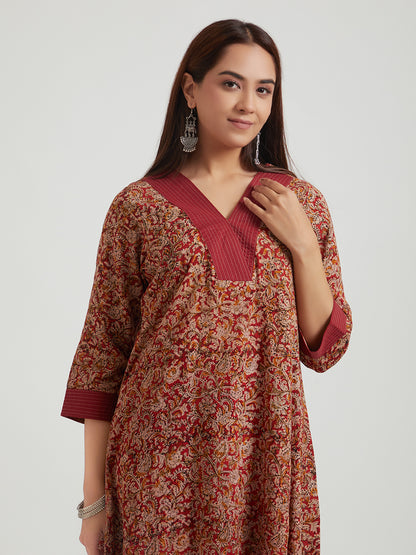 Kalamkari Cotton Kurta- Maroon Floral
