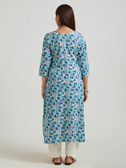 Kantha Cotton Kurta- Sky Blue Floral