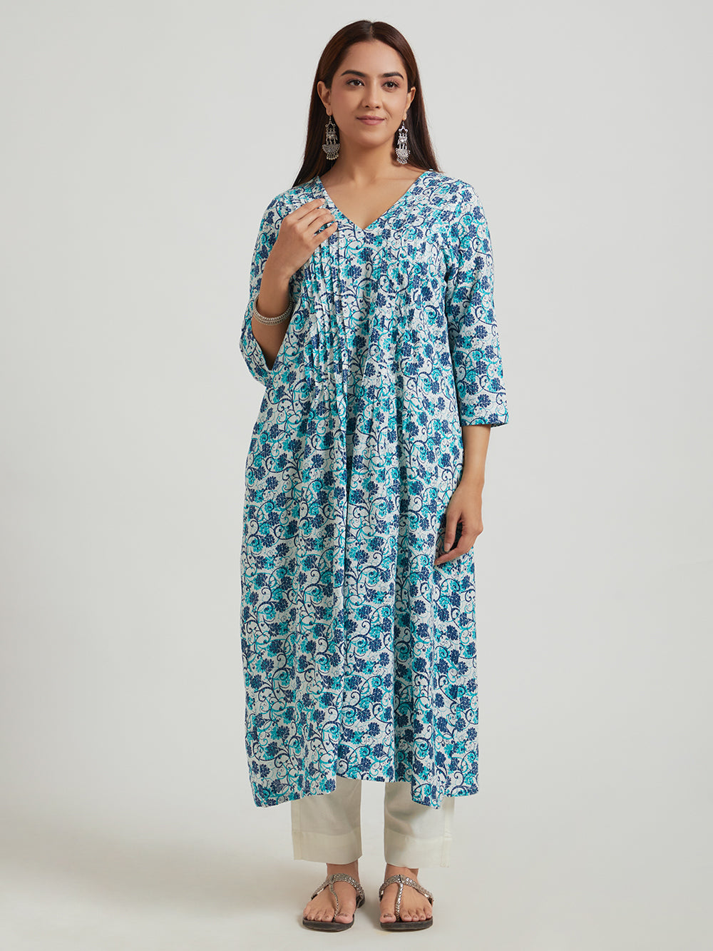 Kantha Cotton Kurta- Sky Blue Floral