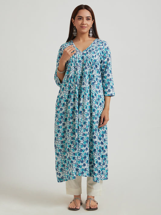 Kantha Cotton Kurta- Sky Blue Floral