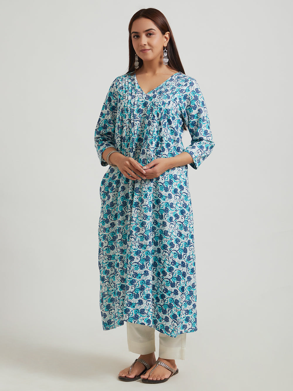 Kantha Cotton Kurta- Sky Blue Floral