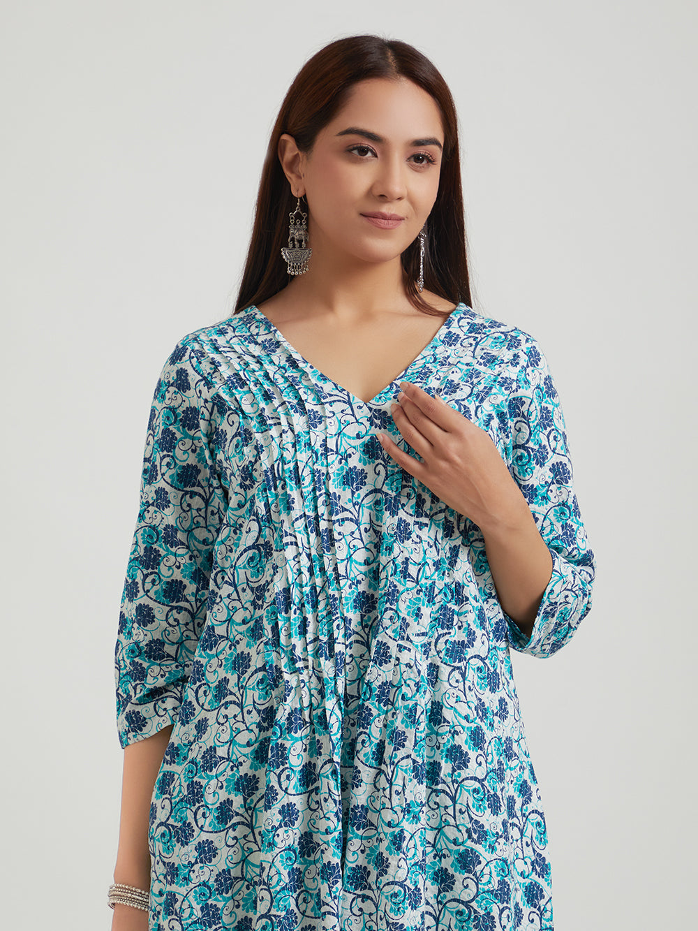 Kantha Cotton Kurta- Sky Blue Floral