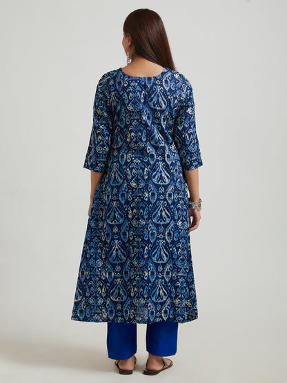 Flex Cotton Kurta- Navy Bue Geometric