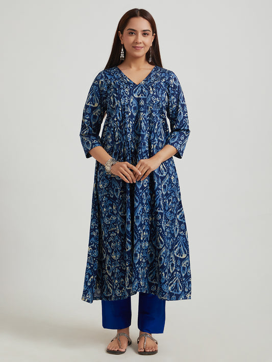 Flex Cotton Kurta- Navy Bue Geometric