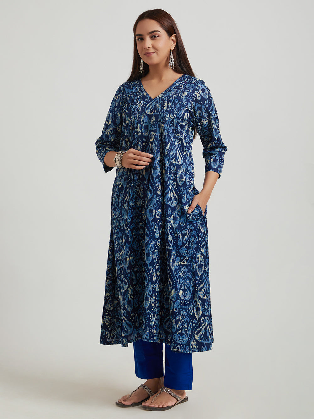 Flex Cotton Kurta- Navy Bue Geometric