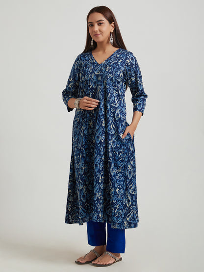 Flex Cotton Kurta- Navy Bue Geometric