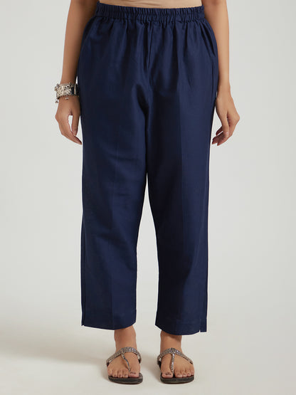 Navy Blue Solid Cotton Pants