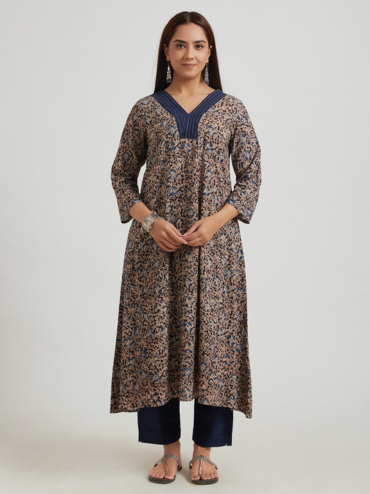 Kalamkari Cotton Kurta- Blue Floral