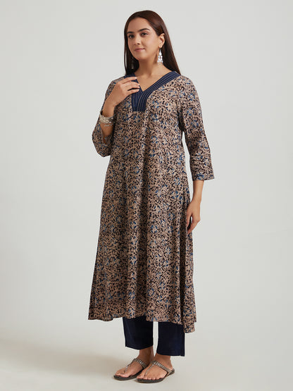 Kalamkari Cotton Kurta- Blue Floral