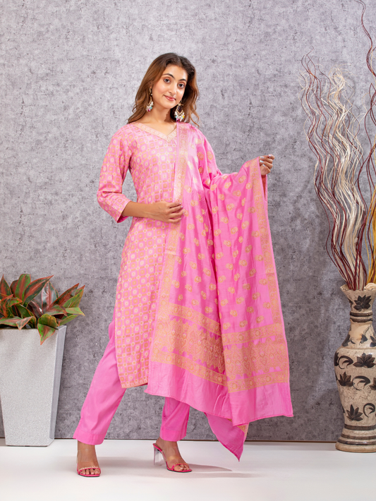 Side profile of Pink Mulberry Silk Jacquard Suit highlighting kurta flare and pant fit| Meeta's

