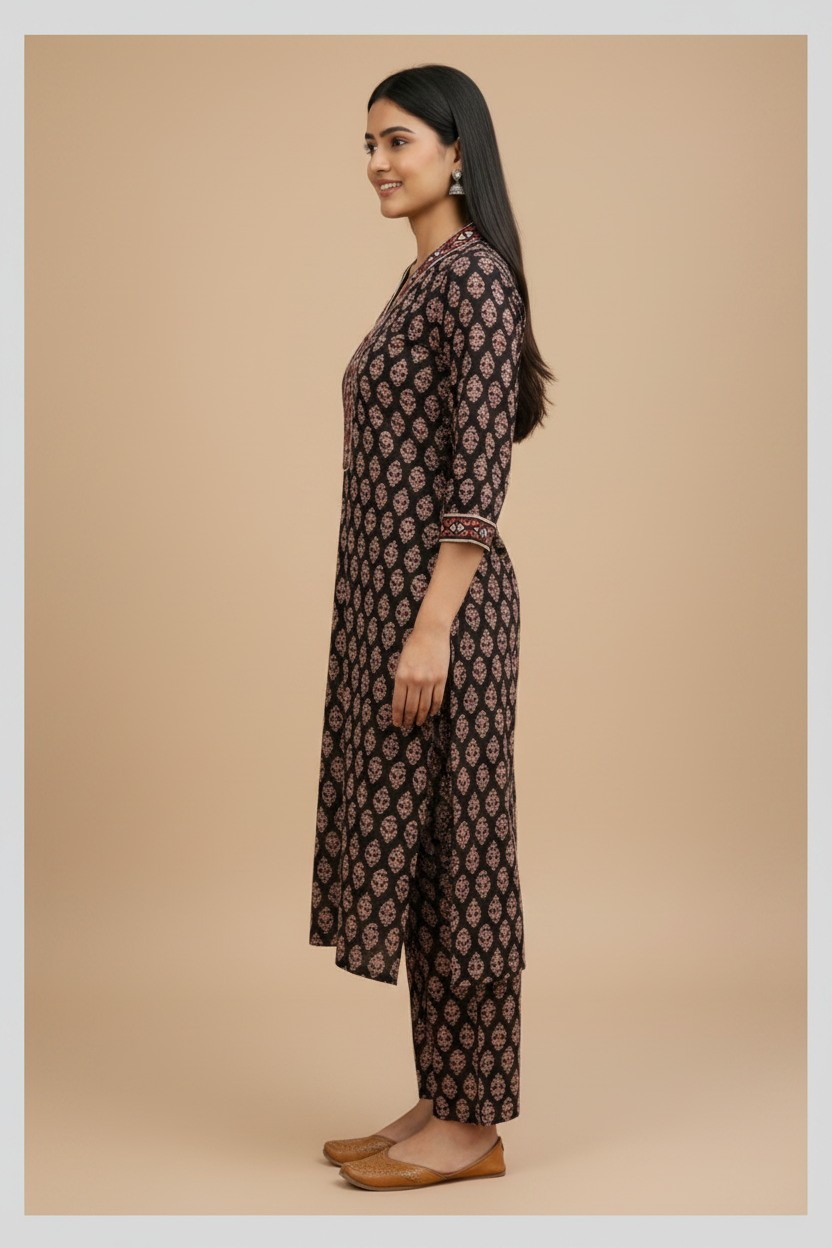 Meeta's Asha Black Geometrical Hand Block Printed Cotton 2 Piece Suit Set- Left View