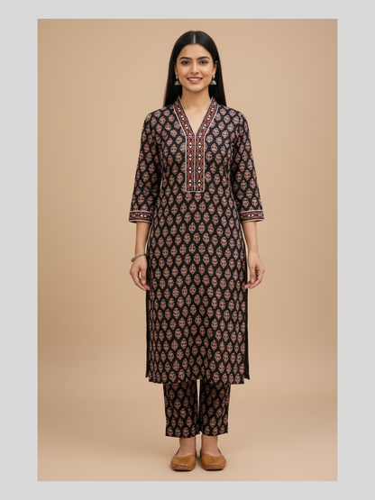 Meeta's  Aasha Black Geometriacal lHand Block Printed Cotton Suit Set (2 Piece)- Front View