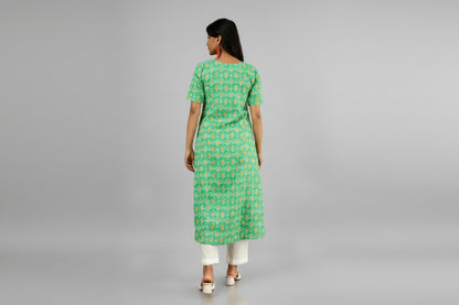 Geetika Green Handloom Cotton A-Line  Kurta