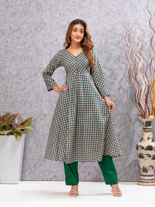 Front view of Green & Beige Printed Anarkali Cotton Suit Set – 2-piece ethnic wear with flared kurta| Meeta's

