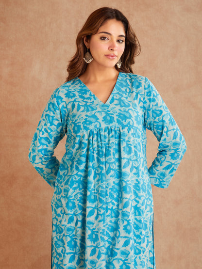 Hand Block Printed Teal Floral Cotton Suit Set ( 2 piece)- Close Up View