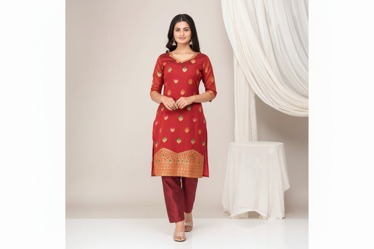 Maroon Banarasi  Kurta Set
