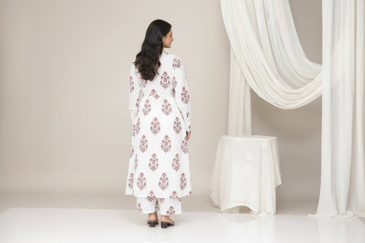 Hand Block Printed Cotton Suit Set - White Floral ( 3 Piece )