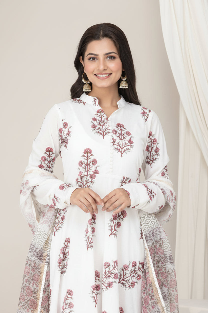 Hand Block Printed Cotton Suit Set - White Floral ( 3 Piece )