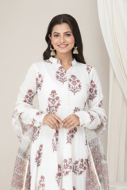 Hand Block Printed Cotton Suit Set - White Floral ( 3 Piece )