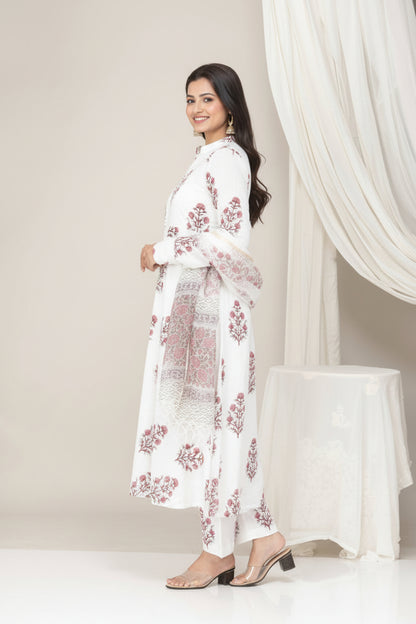 Hand Block Printed Cotton Suit Set - White Floral ( 3 Piece )