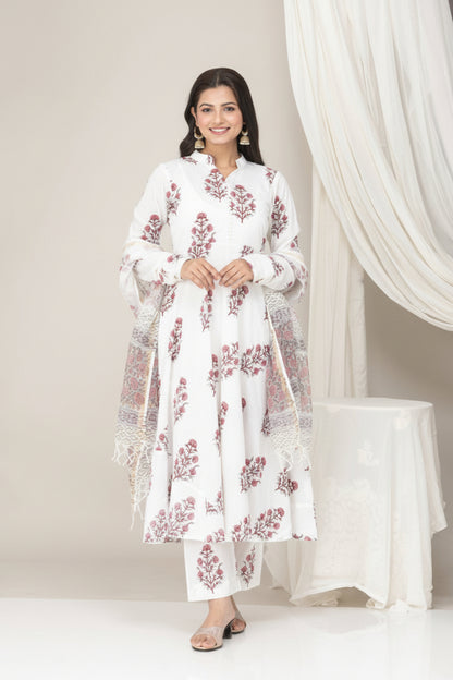 Hand Block Printed Cotton Suit Set - White Floral ( 3 Piece )