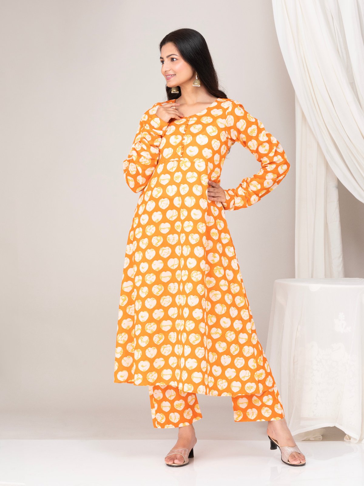 Orange Printed Cotton Anarkali Kuta With Pants- Set of 2