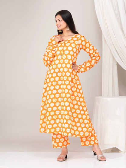 Orange Printed Cotton Anarkali Kuta With Pants- Set of 2