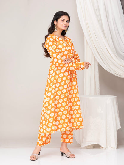 Orange Printed Cotton Anarkali Kuta With Pants- Set of 2