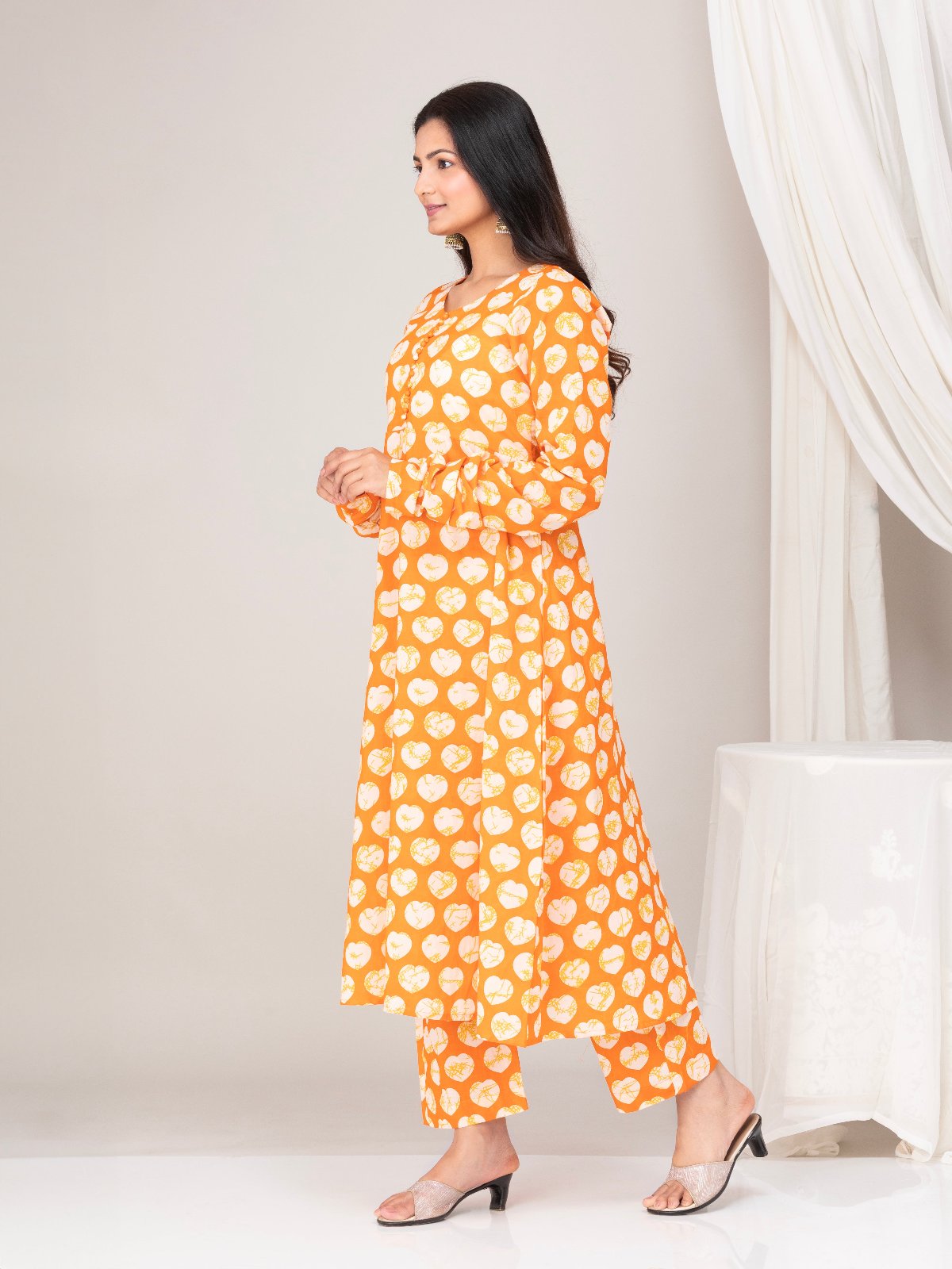 Orange Printed Cotton Anarkali Kuta With Pants- Set of 2