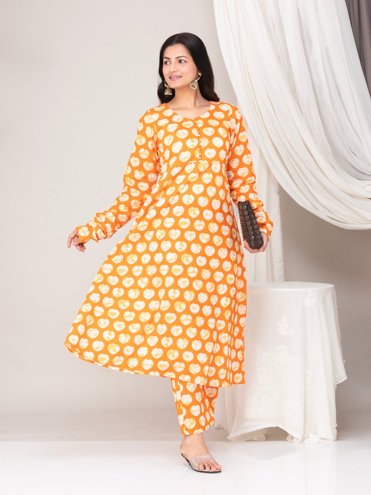 Orange Printed Cotton Anarkali Kuta With Pants- Set of 2
