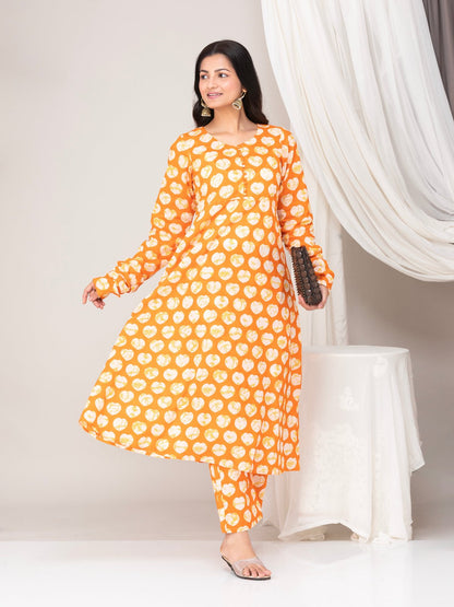 Orange Printed Cotton Anarkali Kuta With Pants- Set of 2