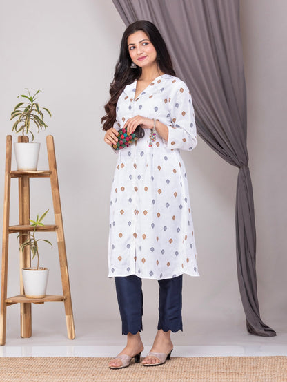White Silk Linen A-Line Kurta