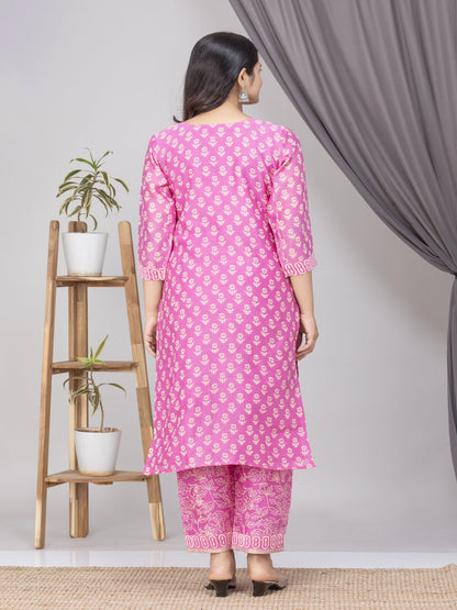 Pink Hand Block Print Chanderi Silk Suit Set- Set of 3