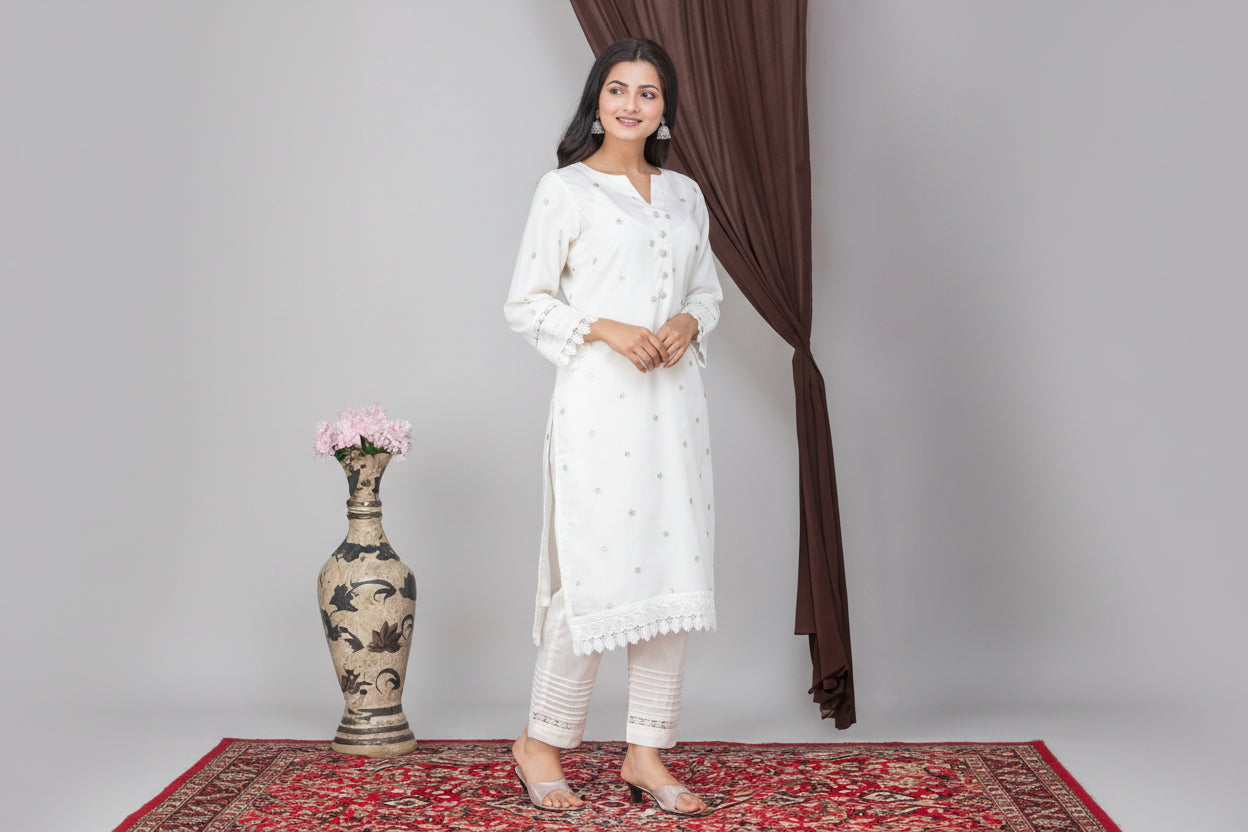 Ivory Organza silk kurta With Pants-Set of 2