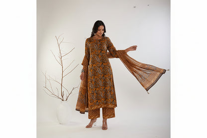 Brown Ajrakh  Printed Cotton Suit Set