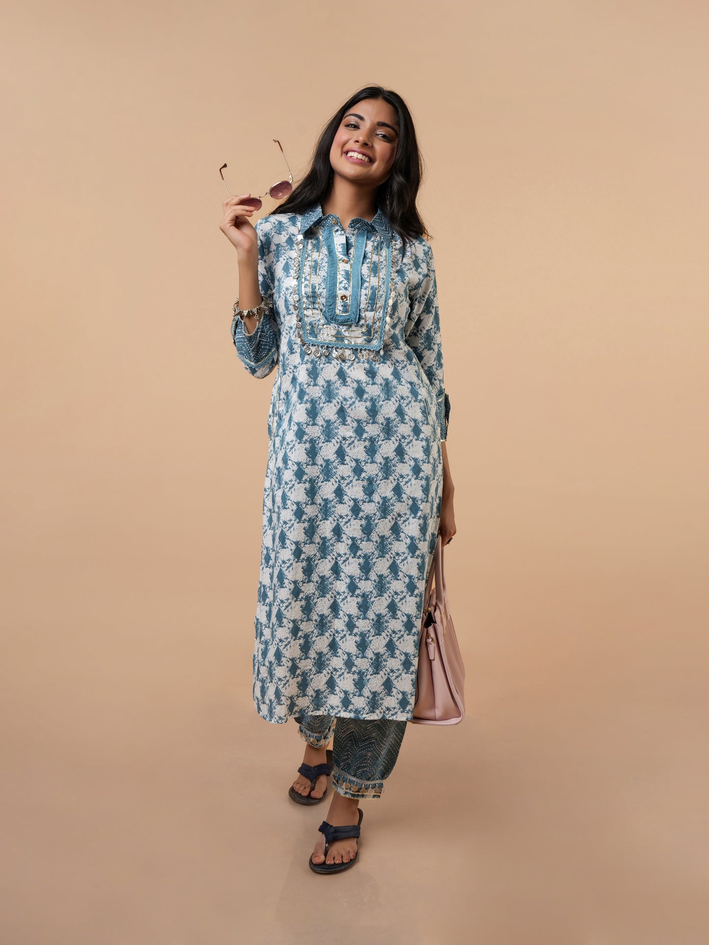 Ekta Blue Embroidered Hand block Cotton suit- Set of 2