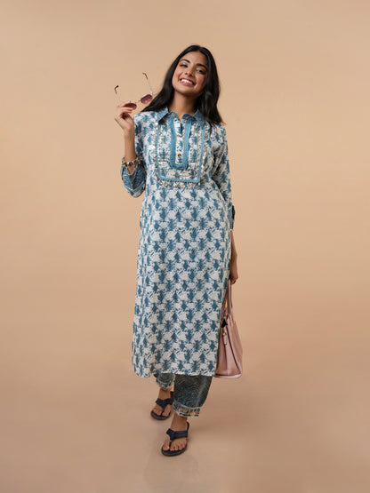 Ekta Blue Embroidered Hand block Cotton suit- Set of 2