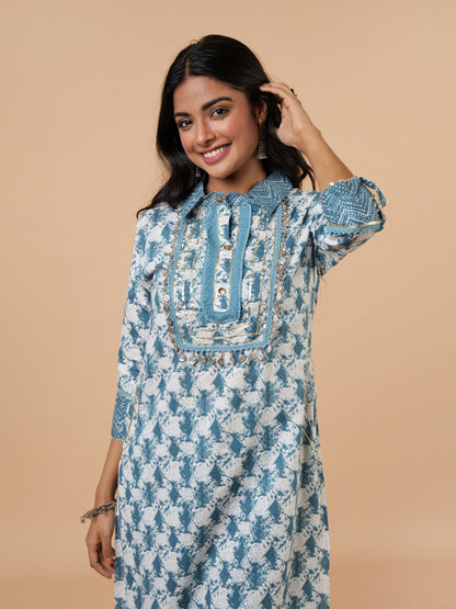 Ekta Blue Embroidered Hand block Cotton suit- Set of 2