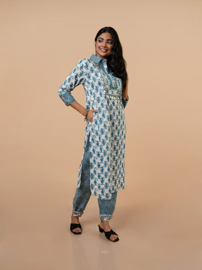 Ekta Blue Embroidered Hand block Cotton suit- Set of 2