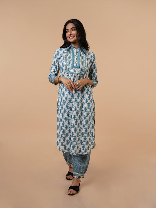 Ekta Blue Embroidered Hand block Cotton suit- Set of 2
