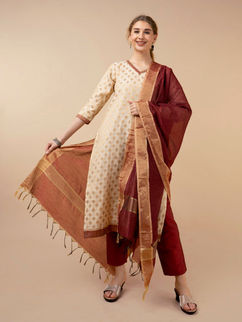 Bhavya Beige  Banarasi Suit- Set Of 3