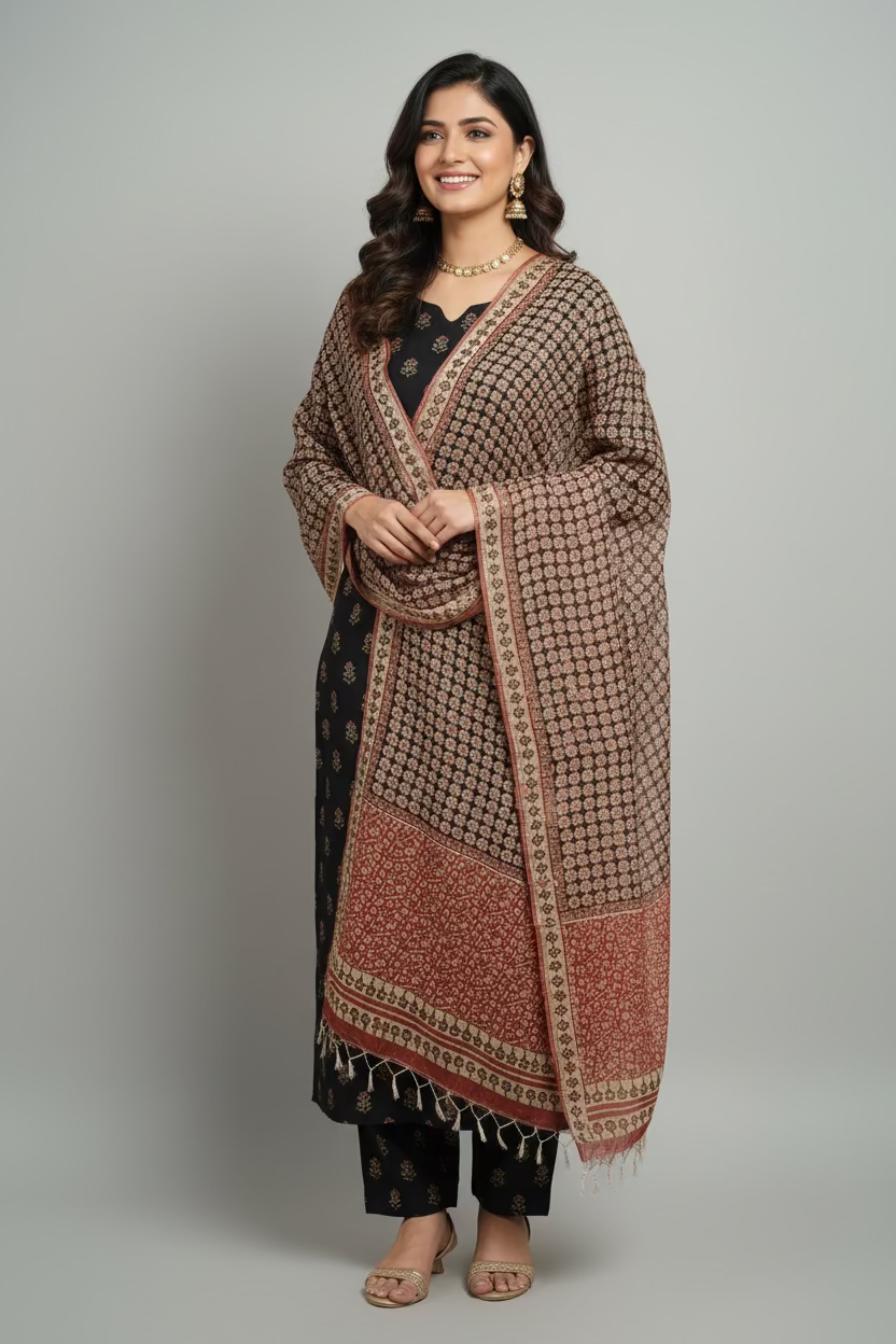 Black and red Kota Doria dupatta with fine handcrafted weave – lightweight ethnic accessory by Meeta’s