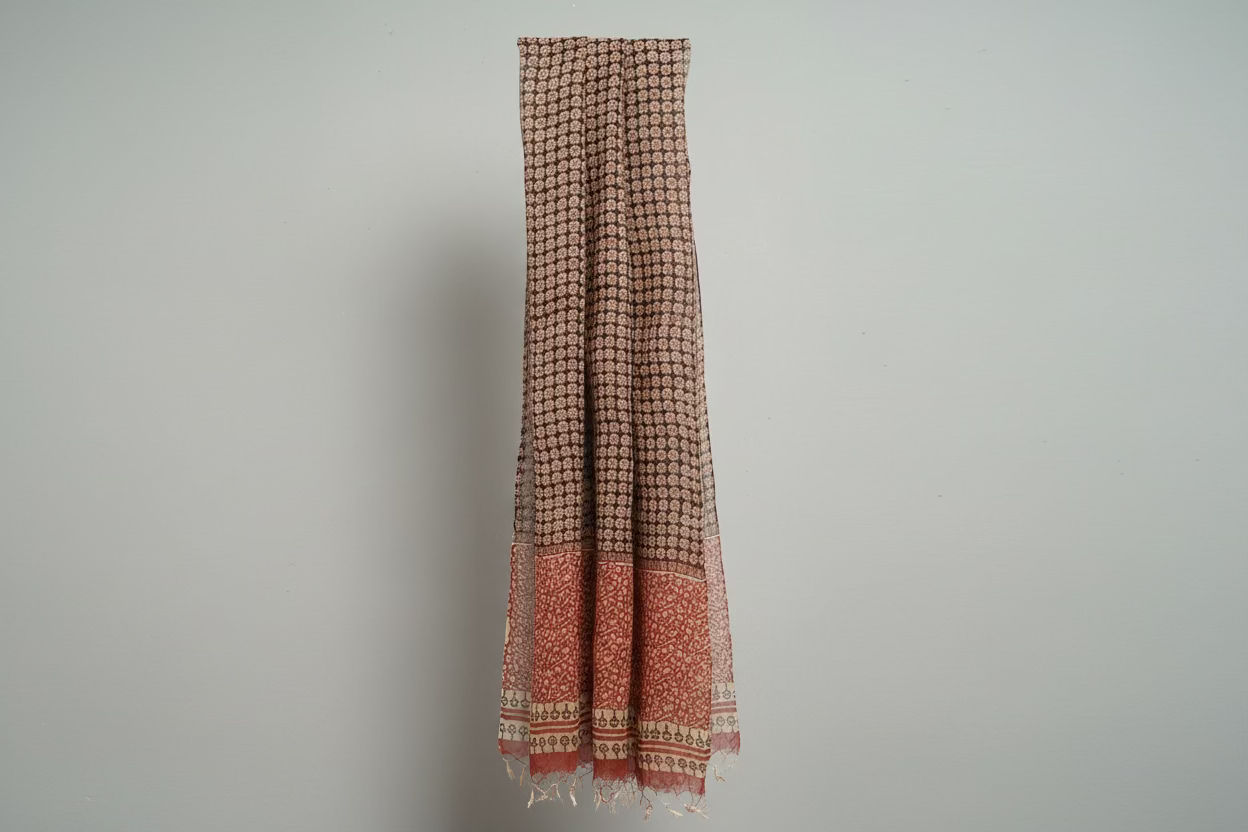 Black & Red Hand Block Printed Kota Doriya Dupatta.