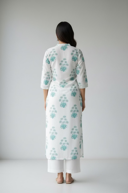 Hand Block Printed Cotton Suit Set -  white Floral ( 2 Piece )