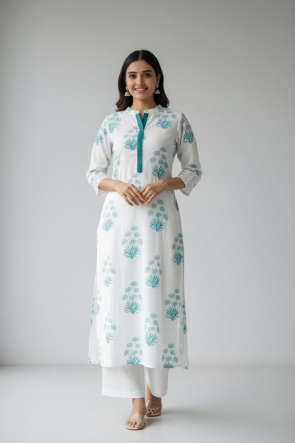 Hand Block Printed Cotton Suit Set -  white Floral ( 2 Piece )